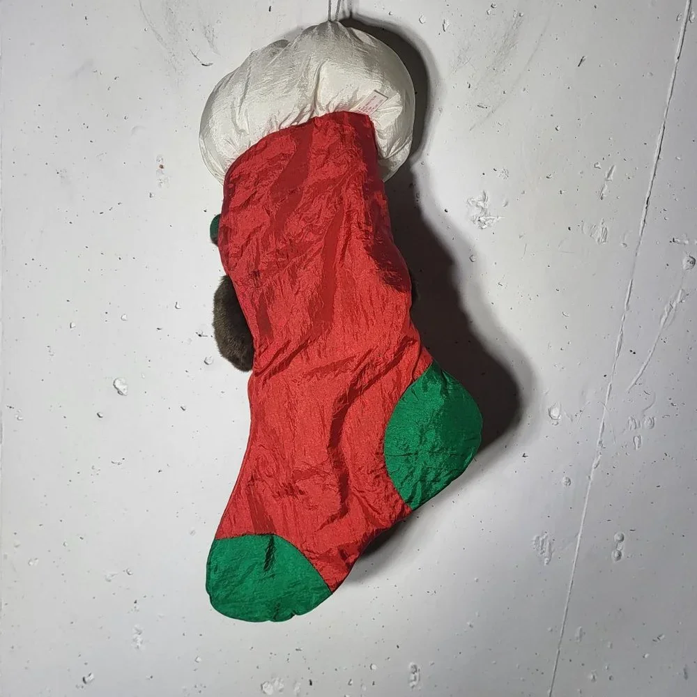 Vintage Rudolph Reindeer Red Nose Plush Nylon‎ 3D Puffy Parachute Stocking